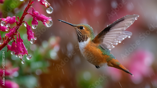 Hummingbird hovering and feeding on a flower