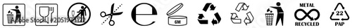 Packaging recycling and disposal symbols including recycle signs, trash bin, tidyman, paper recycle, metal recycle, waste sorting and packaging label icons. vector illustration