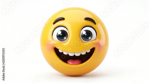 Photos Joyful 3D emoji illustration, a happy yellow emoticon with a wide smile and rosy cheeks, expressing positive emotion and happiness, perfect for digital communication and social media
