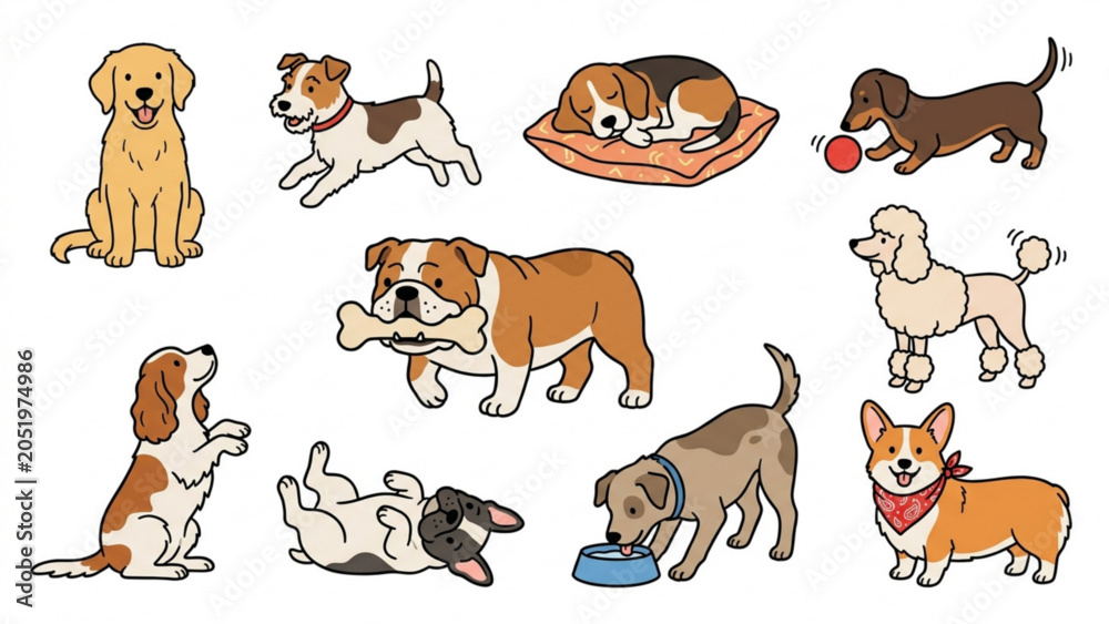 Fototapeta premium Cute Puppy Everyday Activities Clipart Collection – Playful Dogs, Happy Pets, and Fun Daily Moments