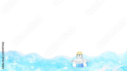 可愛い子供ペンギンが海で泳いでいるフレーム。夏をイメージした背景透過のループアニメーション。