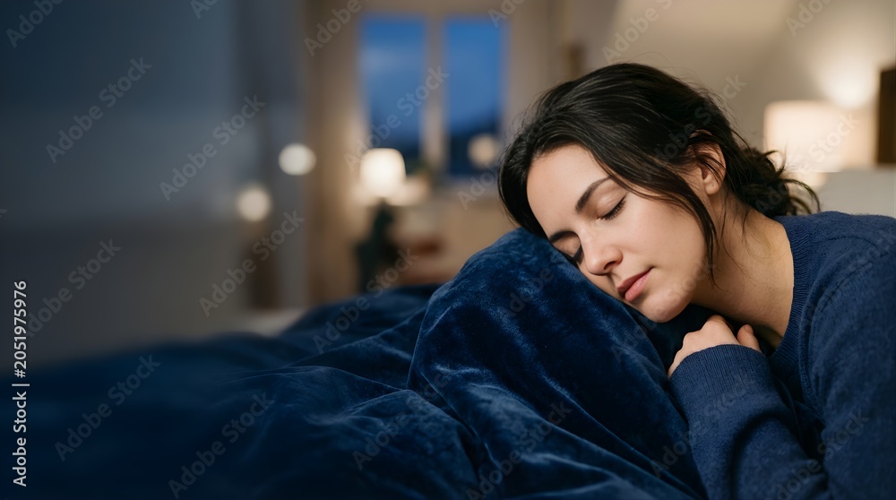 Obraz premium Tired young woman sleeping peacefully in her cozy bed at night
