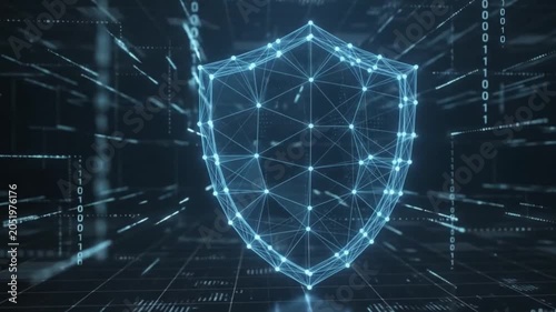Cyber security shield glowing in digital space representing data protection in this abstract motion video clip