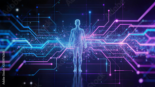 Abstract human and artificial intelligence connection background, digital neural pathways, futuristic communication network, glowing technology particles, innovation concept,