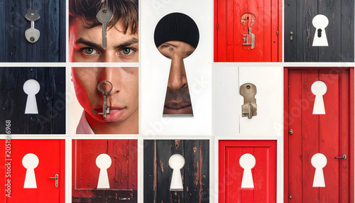 Collage of Keyholes and a Mans Intense Gaze Through Them.