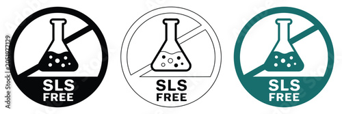 Foto SLS and SLES free icon featuring paraffin, paraben, and sulfate free prohibition label, no chemicals ban symbol, badge, stamp, sticker, emblem, and seal isolated on white background