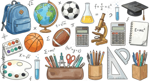 Education and School Supplies Collection with Science Equipment, Sports Gear, Mathematics Tools, Globe, Backpack, and Academic Learning Elements