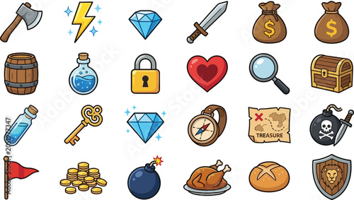 Fantasy Adventure Game Icon Collection with Treasure, Weapons, Magic Items, Quest Symbols, and RPG Reward Elements