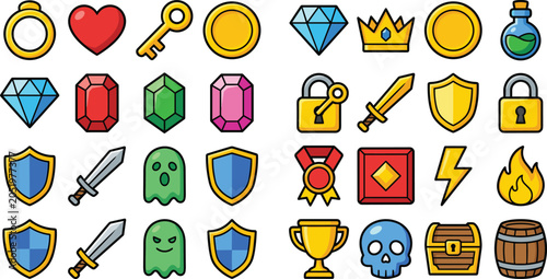 Fantasy Game Reward and Achievement Icon Collection with Gems, Coins, Shields, Swords, Treasure, Magic Potion, and RPG Adventure Symbols