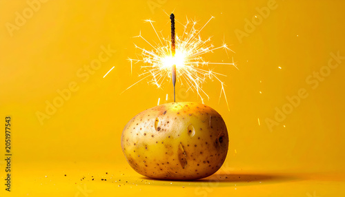 Sparkler Ignites Apple on Vibrant Yellow Background.