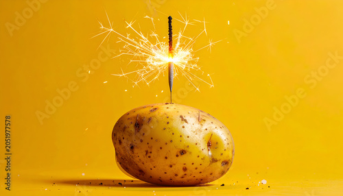 Potato with Sparkler on Yellow Background.