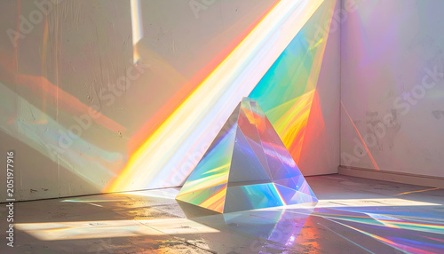 Prism refracts light creating rainbow spectrum on wall and floor.