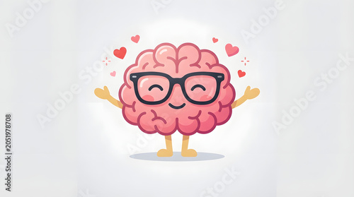 Cute Brain Mascot Wearing Glasses with Happy Expression and Heart Icons Illustration