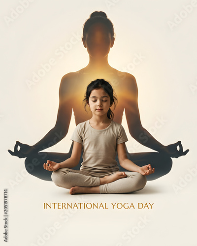 International Yoga Day Child Meditation with Spiritual Silhouette Illustration