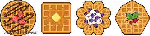 Vector collection of delicious sweet Belgian waffles featuring round square flower and heptagon shapes with various tasty toppings isolated on white background