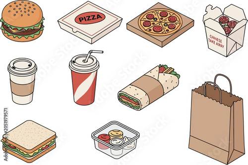 Assorted fast food and drinks illustration set isolated on transparent background