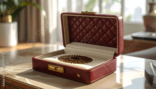 Luxury Red Leather Jewelry Box with Ornate Gold Bracelet Inside.