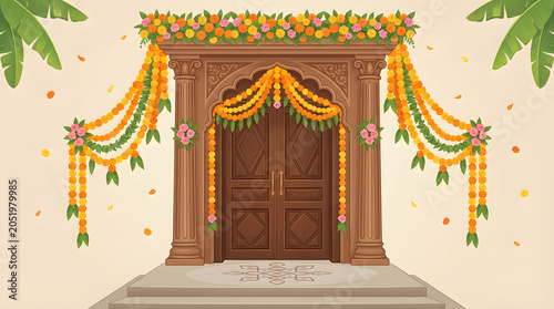 Traditional Indian House Entrance Decorated with Marigold Garlands and Festive Floral Toran Illustration