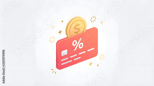Credit Card Discount Concept with Percentage Symbol and Coin 3D Illustration