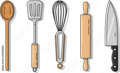 Five kitchen utensils in a row isolated on transparent background