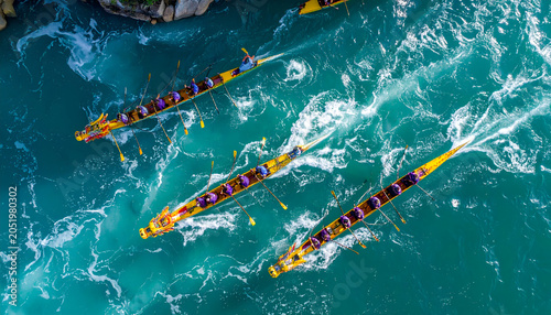 Aerial View of Dragon Boats Racing on Turquoise Water.