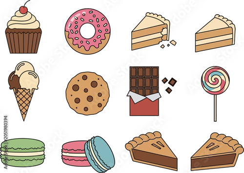 Assorted colorful desserts and sweets illustration isolated on transparent background