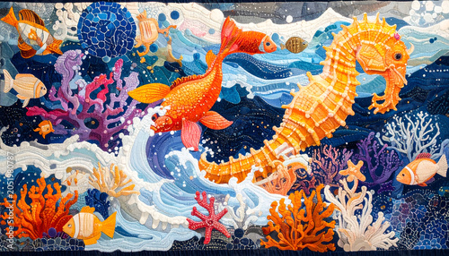 Vibrant Underwater Scene with Seahorses and Coral Reef Life.