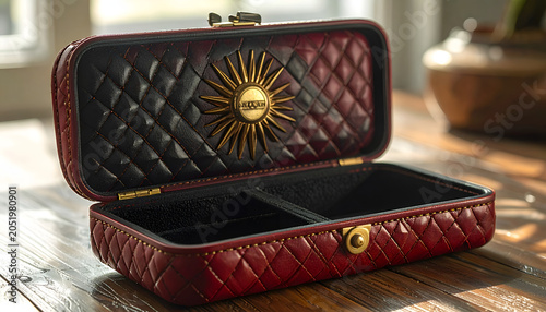 Elegant Quilted Burgundy Jewelry Box with Sunburst Clasp.