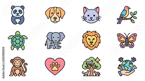 Photography Colorful animal icons featuring various species and symbols