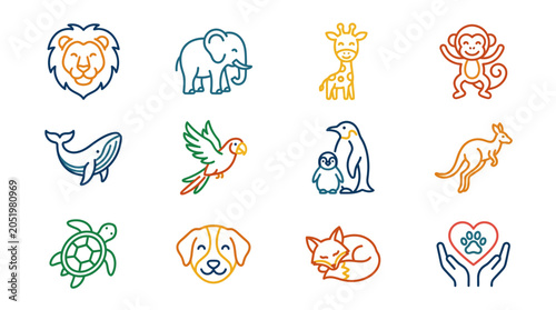 Photography Colorful animal icons featuring various species in playful designs