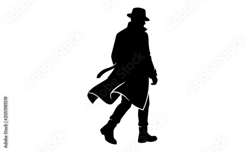 Man in coat and hat walks with windy clothing
