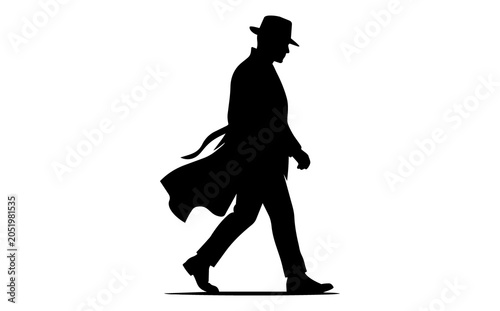 Man in hat walks with coat blowing in wind silhouette