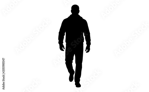 Silhouette of a man walking forward in a minimalist style with a white background emphasizing movement