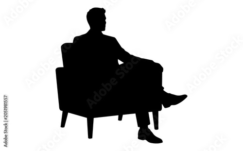 Silhouette of a man sitting on a modern armchair with crossed legs in a relaxed pose against a white background emphasizing calmness