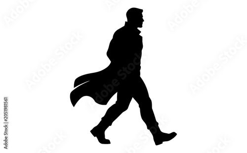 Silhouette of a confident businessman walking with a flowing coat against a white background symbolizing professionalism leadership and movement in a corporate setting