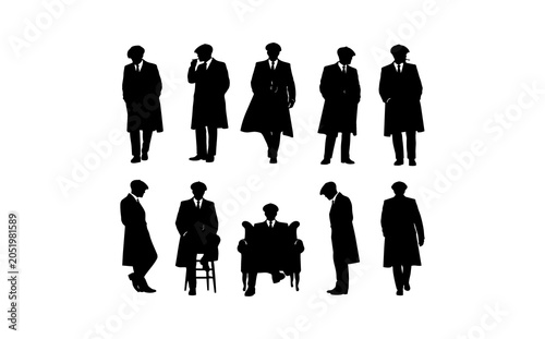 Silhouettes of elegant businesswomen in formal attire standing and sitting in various poses on a white background for corporate
