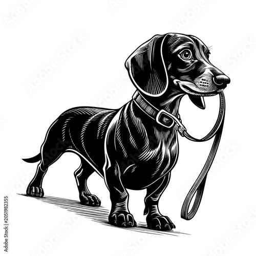Professional dachshund dog silhouette carrying a leash in mouth isolated on white background