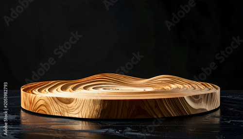 Abstract Wooden Podium with Wavy Texture on Dark Background.