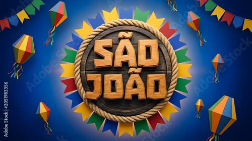 São João Festa Junina Wooden Emblem with Colorful Kites on Blue Background