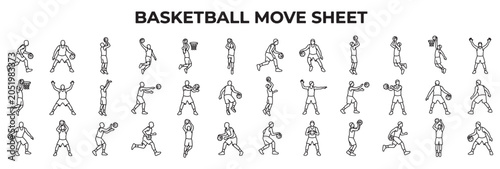 Basketball Move Sheet Vector Illustration Showing Players Dribbling, Passing and Shooting for Coaching Playbooks, Sports Training Programs and Athletic Marketing Design