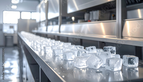 Industrial Ice Production Line with Cubes on Conveyor Belt.