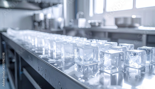 Row of Clean Ice Cubes Lined Up on a Stainless Steel Countertop in a Commercial Kitchen.