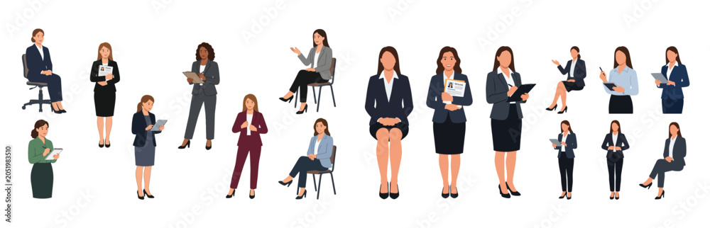 Obraz premium Professional Businesswomen Poses Vector Illustration Set Showing Corporate Executives Presenting and Holding Documents for Company Profiles, HR Campaigns and Marketing Materials