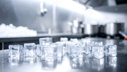 Clear Ice Cubes Scattered on a Stainless Steel Surface in a Commercial Kitchen.