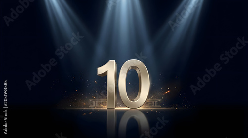Golden Number Ten on Dramatic Stage with Spotlight Celebration Concept