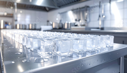Rows of clean, empty shot glasses lined up on a stainless steel counter in a commercial kitchen.