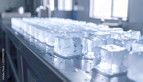 Industrial Ice Blocks Lined Up on a Metal Surface.