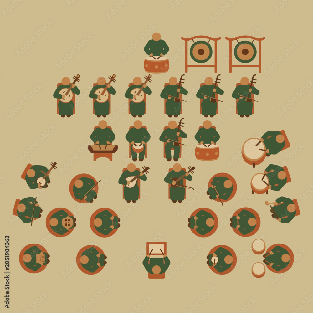 Fototapeta premium A top-down, minimalist flat vector illustration of a traditional Chinese Opera orchestra (sizhu) arrangement.