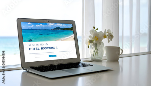Laptop displaying a hotel booking website with a tropical beach background.