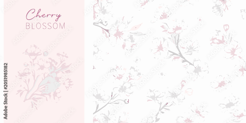 Obraz premium Cherry Blossom Branch Illustration A Delicate Pink And Gray Floral Ornament Pattern sakura flower spring